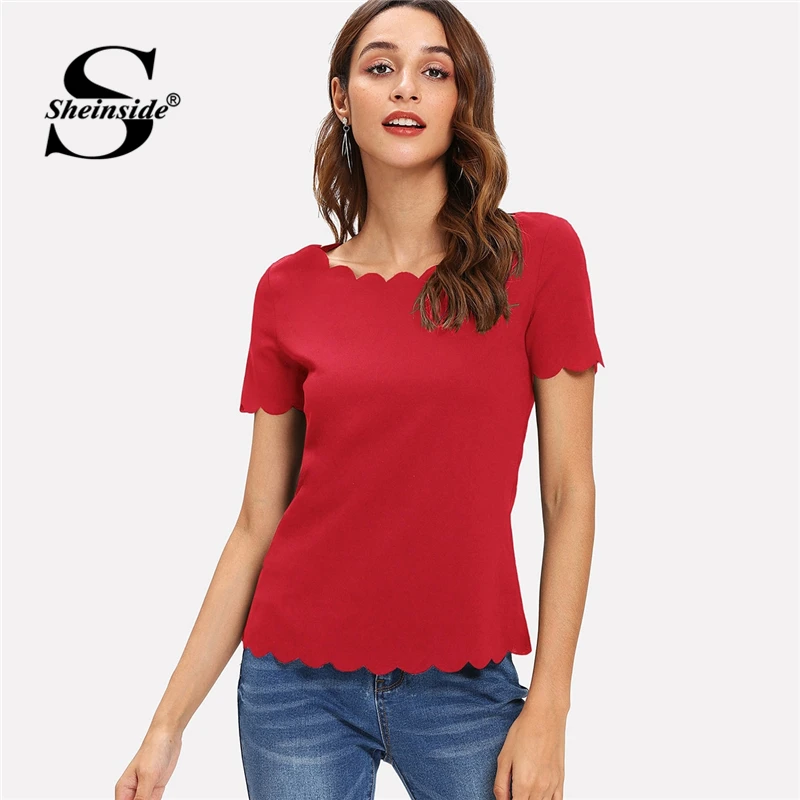 Sheinside, красный волнистый край, однотонный топ, короткий рукав, блузка, элегантные женские летние топы, повседневные женские топы и блузки