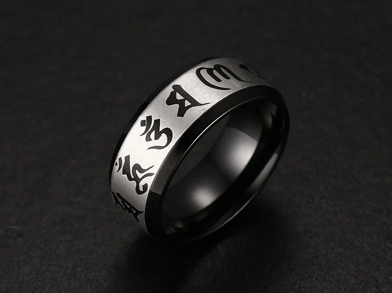 Meaeguet Traditional Om Mani Padme Hum Men Ring Black Color Wedding Rings For Men Jewelry Stainless Steel Ring