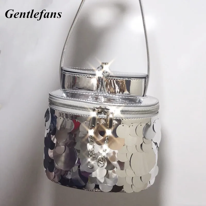 

Ins Barrel Shaped Lady Vintage Handbags Top metal handle mini bags luxury design sequeined party bags lady's chic popular bag