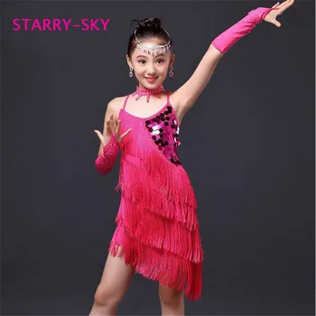 

New 2016 Junior Sequin Fringe Latin Salsa Dresses Children Girls Dance Costumes For Kids Ballroom Dancing Dancewear Wholesale