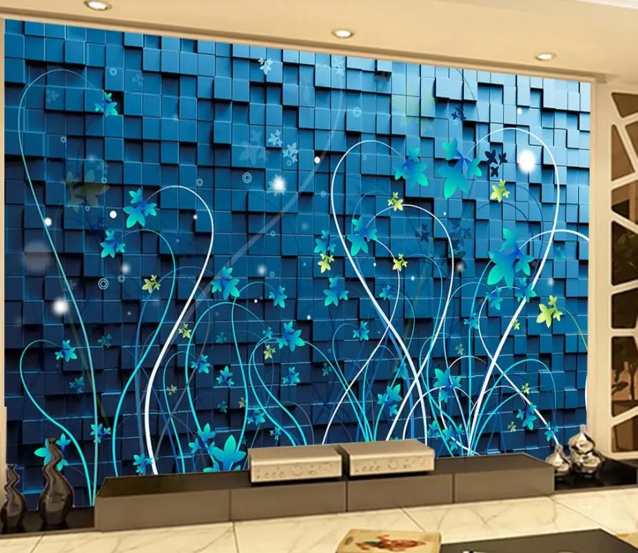Custom Any Size Mural Wallpaper Stereo squares featured lines flowers living room background wall painting Custom Any Size Mural Wallpaper Stereo squares featured lines flowers living room background wall painting