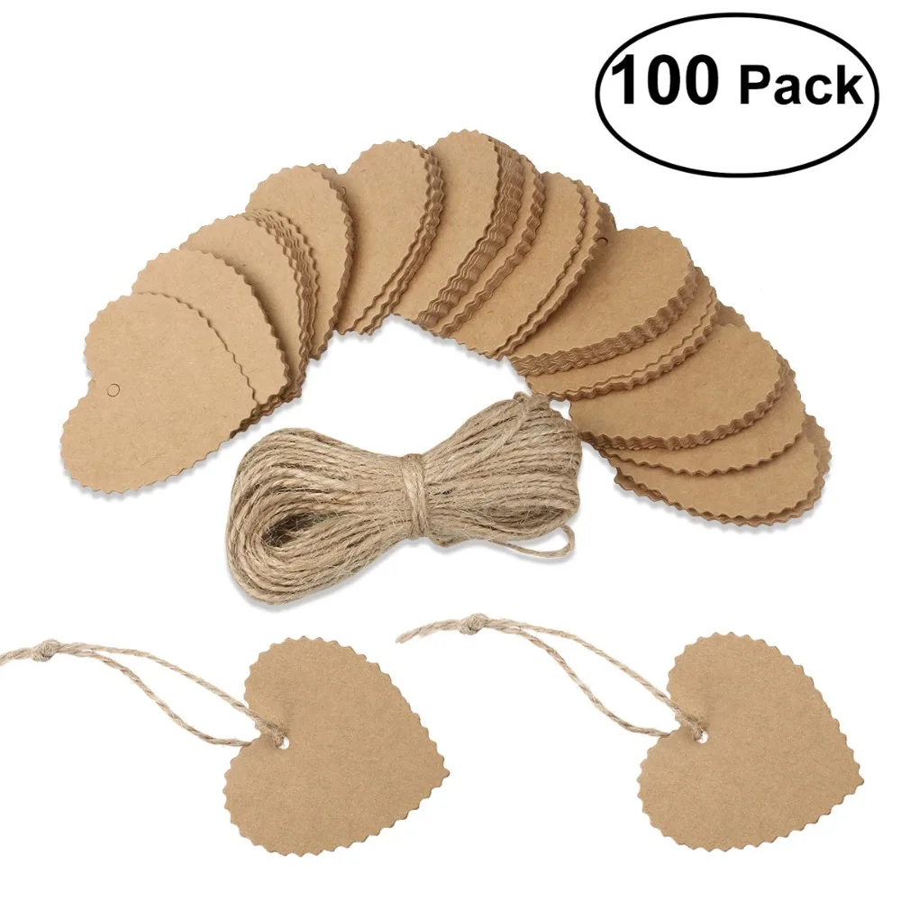 

NICEXMAS New Natural Brown Heart Shaped Scalloped Kraft Paper Tag with 10 M Rope For Merry Christmas Wedding Party Decoration