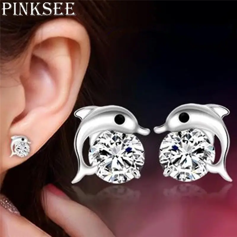 PINKSEE 1 пара серьги-гвоздики для женщин Дельфин Любовь серьги с кристаллом из