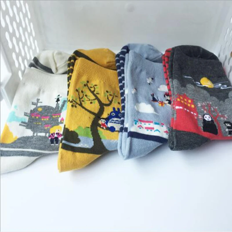 5 пар, милые полосатые женские хлопковые носки Хаяо Аниме Миядзаки с героями мультфильмов Harajuku Totoro в полоску, забавные носки