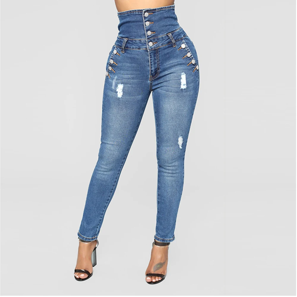 

Jeans Woman Fashion Summer Washed Button High Waist Jeans Casual Skinny Ripped Jeans for Women Streetwear vaqueros mujer H40