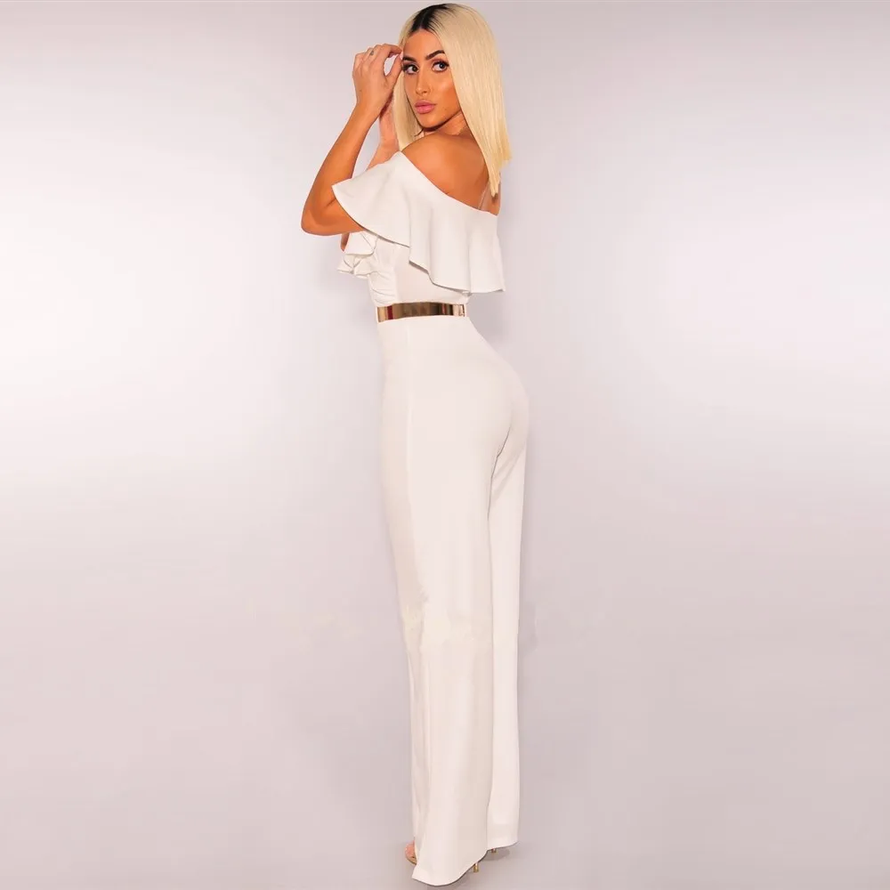 Elegant Ruffle Summer Jumpsuit Women Belt Sexy Off Shoulder Jumpsuit Overalls Loose Streetwear Wide Leg Pants Jumpsuits