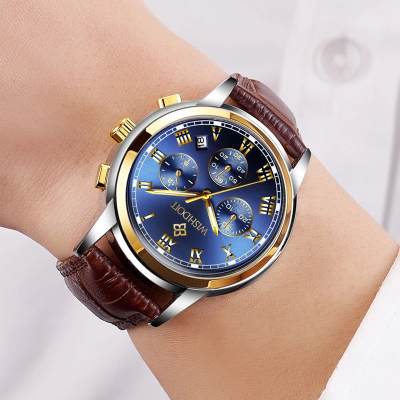 Relogio Masculino Mens Watches Top Brand Luxury WISHDOIT Men's Fashion Business Watch Men Casual Leather Waterproof Quartz Watch