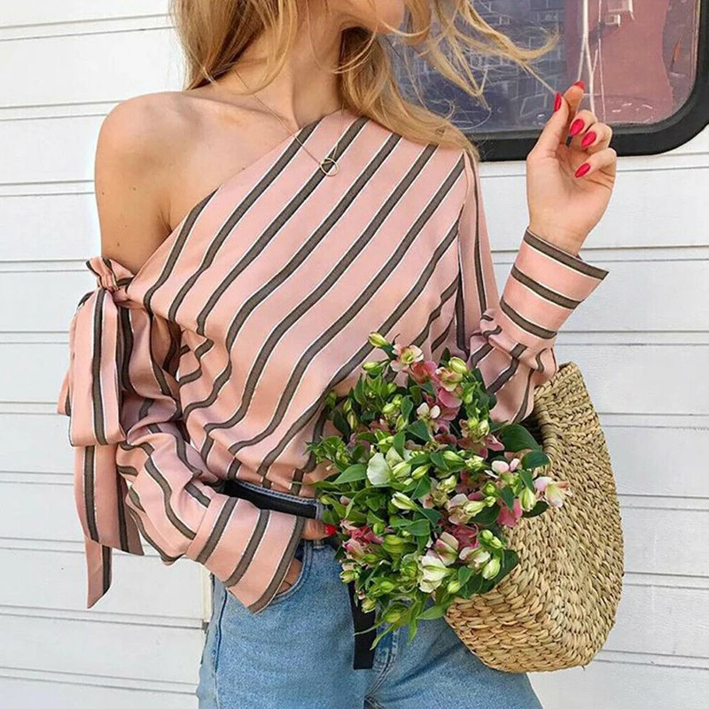 

Summer Striped Sexy Off Shoulder Blouse Women Casual Loose Long Sleeve Shirt Kimono Tops Bowknot Blusa Female