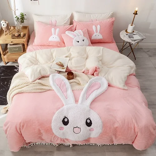 Белый розовый коричневый мультфильм кролик аппликация медведь вышивка постельный комплект флисовая ткань пододеяльник простыня постельный комплект - Цвет: 3