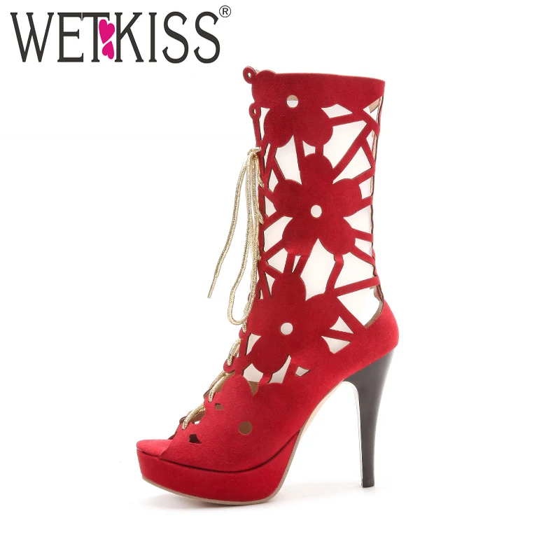 WETKISS 2018 New Summer Mid Calf High Heels Women Boots Peep Toe Platform Cross Tied Booties 