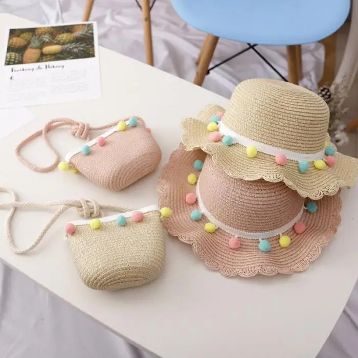 Lovely Hat Bag Set Wavy Straw Hats Colored Balls Cap Single Shoulder Bag for 2-8 years old girls Spring Summer Beach ZJ55