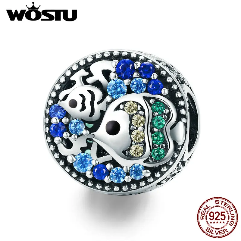 

WOSTU 100% 925 Sterling Silver Underwater World Crystal Fish Beads Charm Fit Original Bracelet Bangle Fine Jewelry Gift DXC764