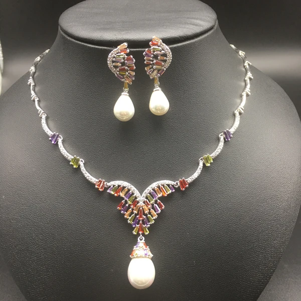 

2019 new fashion luxury romantic retro colorful zircon necklace earring set,wedding bride dinner party banquet dress jewelry set