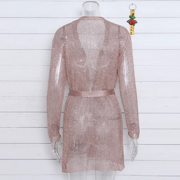 New V-neck Knit Cardigan Dress Rose Gold Nightclub Sexy Thong Dress 18_