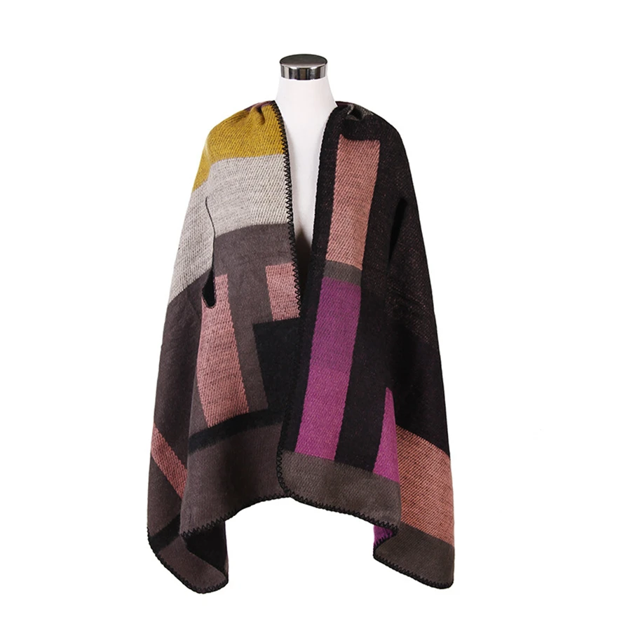 Women Winter Scarf Mixed Color Plaid Side Slit Sleeve Artificial Wool Blanket Scarves Shawl Poncho Wrap