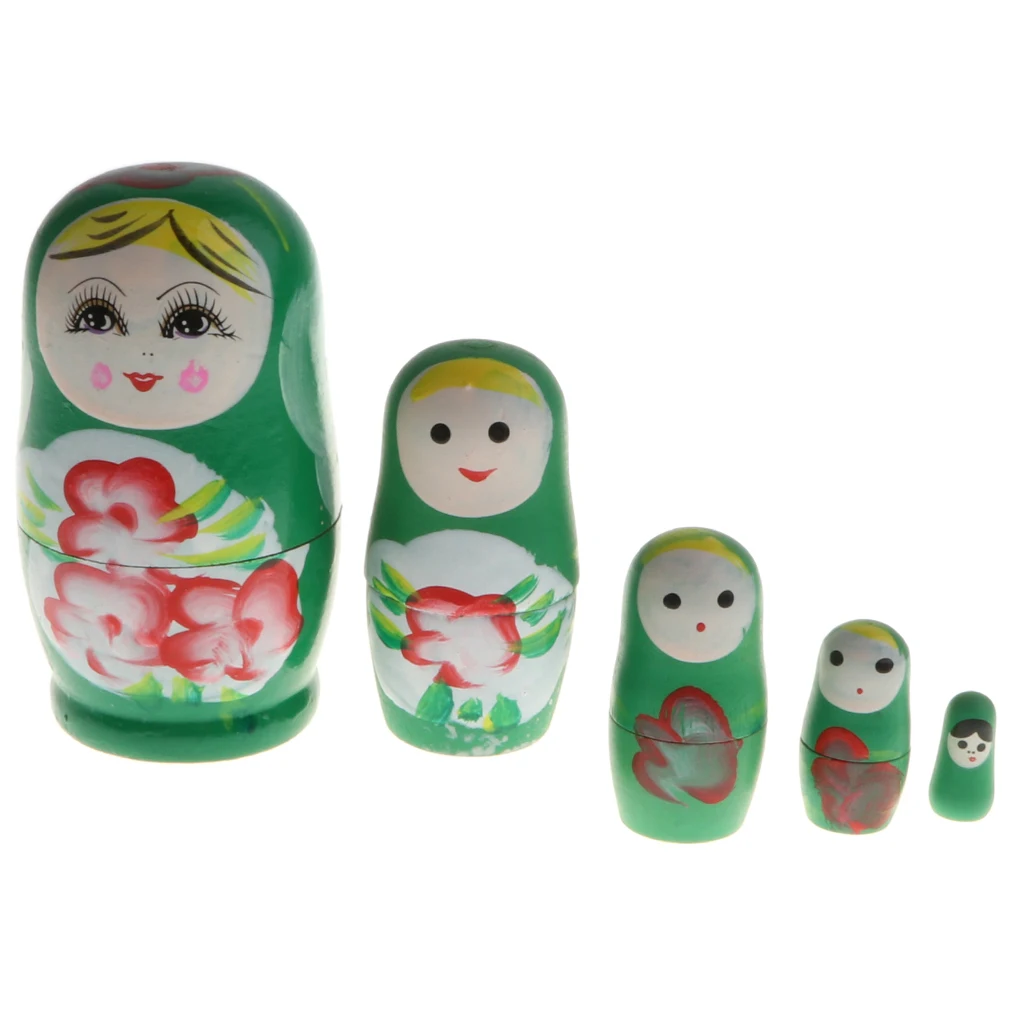 5PCS Wooden Russian Nesting Dolls Toy Handmade Matryoshka Babushka Pattern Girls Dolls Christmas Gifts Home Decor - Green