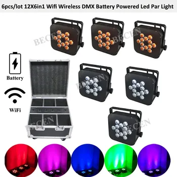 

6pcs/flightcase 12x15w rgbwa uv Wifi App 6in1 wireless Projector DMX IRC flat par can battery lights