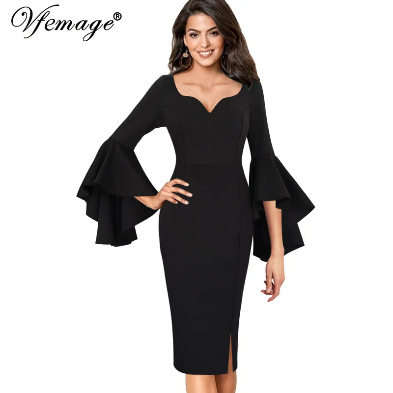 

Vfemage Womens Sexy Elegant Flare Bell Long Sleeves Fashion Slim Formal Evening Party Prom Club Bodycon Pencil Sheath Dress 8901