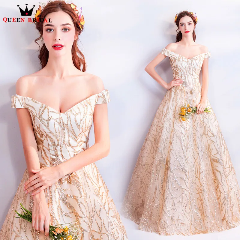 

A-line V-neck Golden Sequin Beaded Luxury Long Formal Evening Dresses 2018 New Party Dress Evening Gown Robe De Soiree MT45