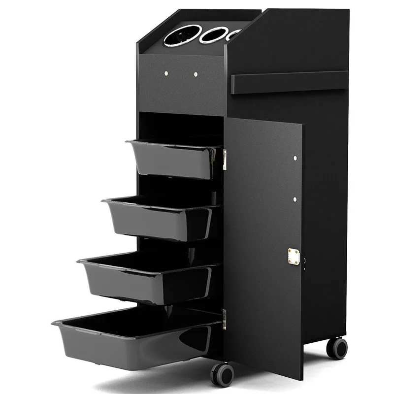 Black Salon Trolley Cart With 4 Storage Trays Metal Reinforced Mdf