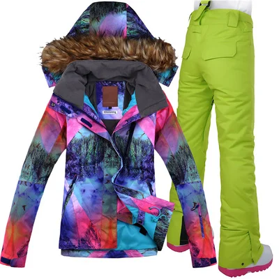 GSOU Снежный женский лыжный костюм ветрозащитная куртка водонепроницаемые брюки супер теплая дышащая Лыжная куртка брюки для сноуборда Спорт на открытом воздухе