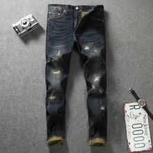 Vintage Retro Designer Men's Jeans Top Quality Destroyed Biker Jeans Homme Patch Pants Brand Designer Classical Ripped Jeans Men patch design zip embellished biker jeans
