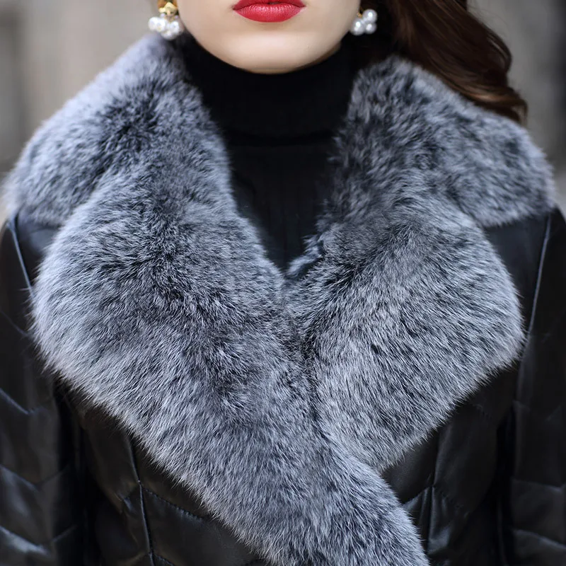 Высококачественный пуховик из натуральной кожи, Женская Роскошная верхняя одежда с воротником из лисьего меха, модные двубортные пальто с поясом, M-3XL