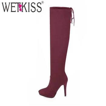 

WETKISS 2018 Fashion Ladies Over the Knee Boots Stretch Thigh High Winter Boots Lace up High Heels Pointed toe Footwear Platform