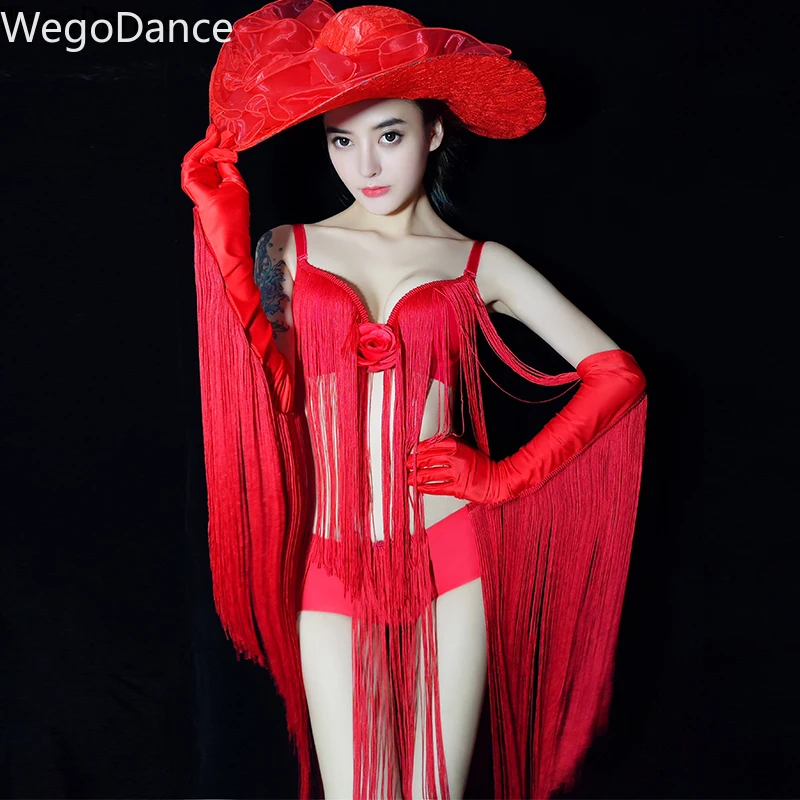 Gogo футболка бодибилдера сексуальное танцевальное платье DS Производительность певица dj костюмы Красный Белый кисточкой