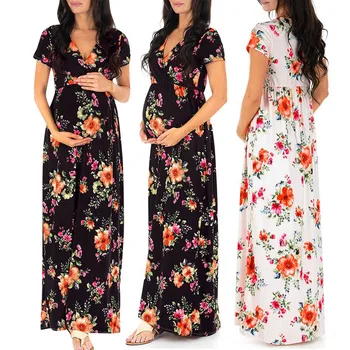 

Pregnant Womens Nursing Pregnancy Dress Floral Printing Maternity Long Dress Vestido Embarazada Maternity Gown