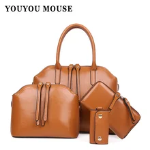 Nueva Manera de Las Mujeres de Cera de Petróleo Bolsos de Cuero de 4 Sets Señoras de la Cremallera de Gran Capacidad de Bolsa de Hombro de Alta Calidad Bolsas de Asas Del Bolso