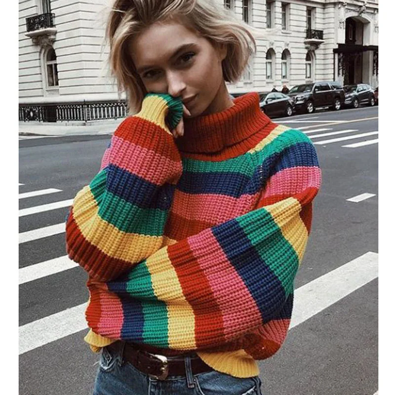 Женские радужные свитеры с высоким воротом и длинным рукавом, Цветной полосатый вязаный свитер, Повседневный пуловер, женские топы большого размера, джемперы - Цвет: as photo