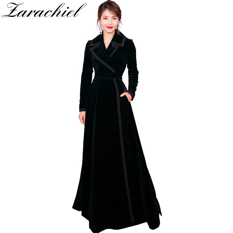 

New 2019 Winter Runway Designer Women Vintage Notched Collar Wrap Black Velvet Maxi Coat Thick Warm Long Trench Coat Outwear