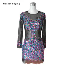 Sexy Opacidad de Manga Larga Negro Mini Vestidos de Coctel Del Partido 2017 con Diamantes de Imitación Mujeres Short Prom Vestidos robe de cocktail YC14
