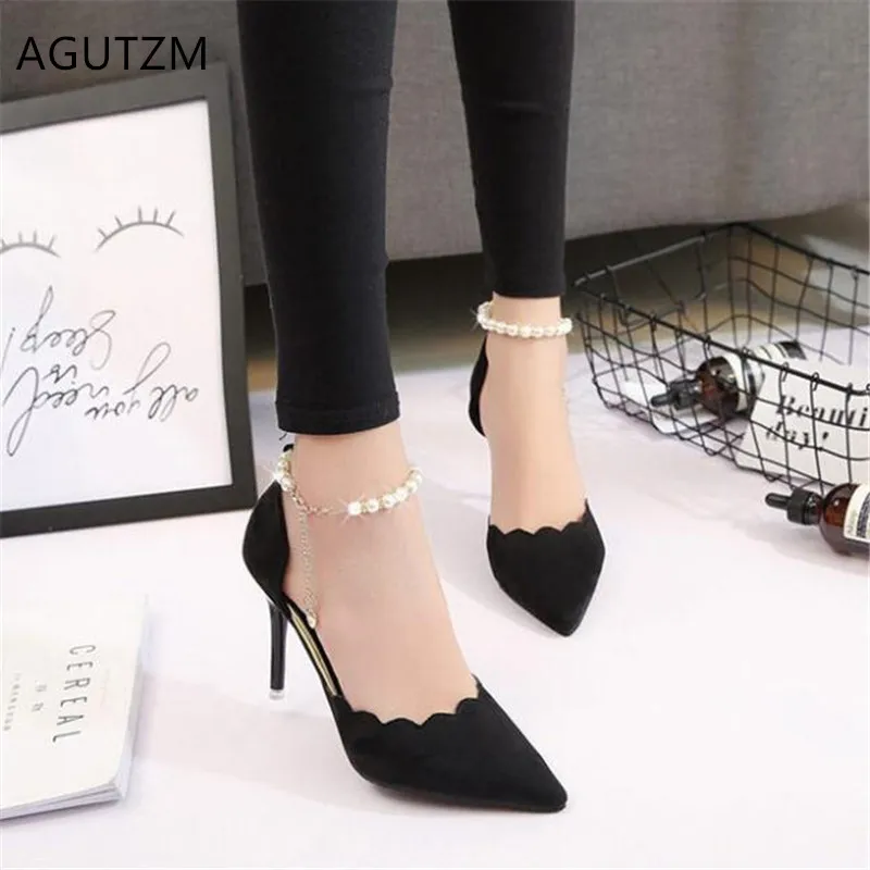 

AGUTZM Summer Pumps fashion Women's shoes Mouth Stiletto Heels Pointed sexy sandals Beading buckle chain women's shoes Y101
