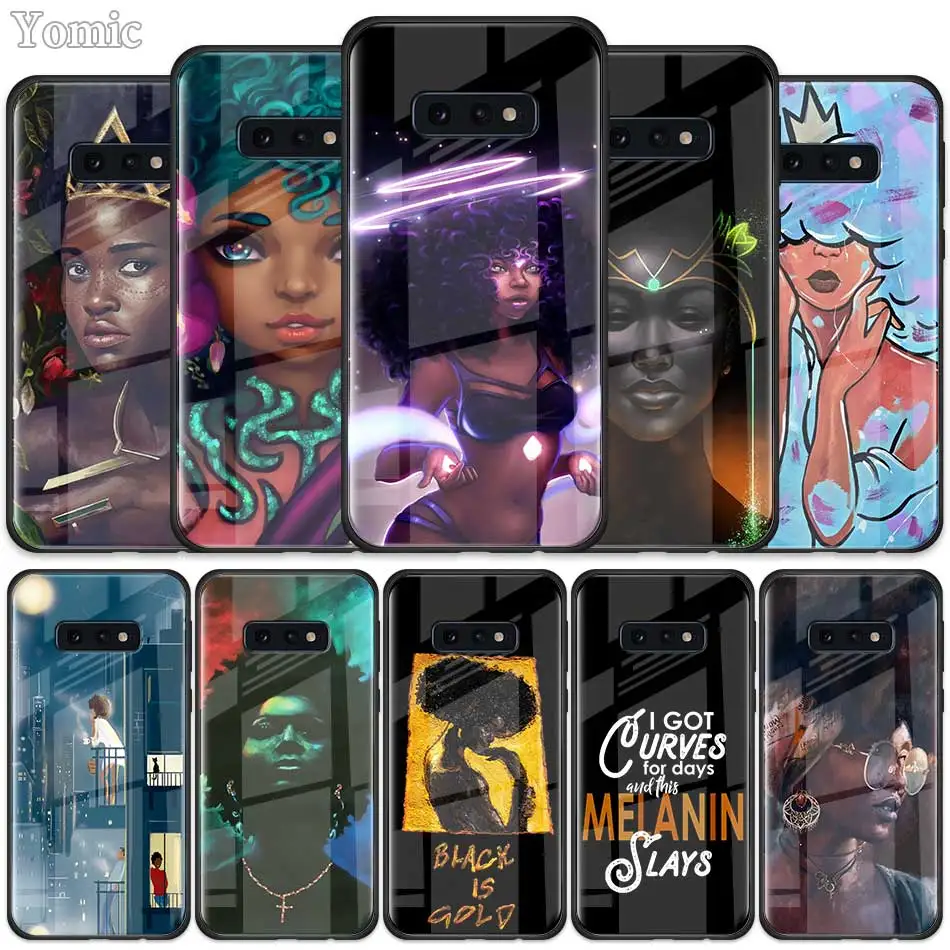 

Melanin Black GIrl Tempered Glass Case for Samsung Galaxy S10 S10e S9 S8 S10 Plus Note 9 A50 A30 Phone Cover Shell