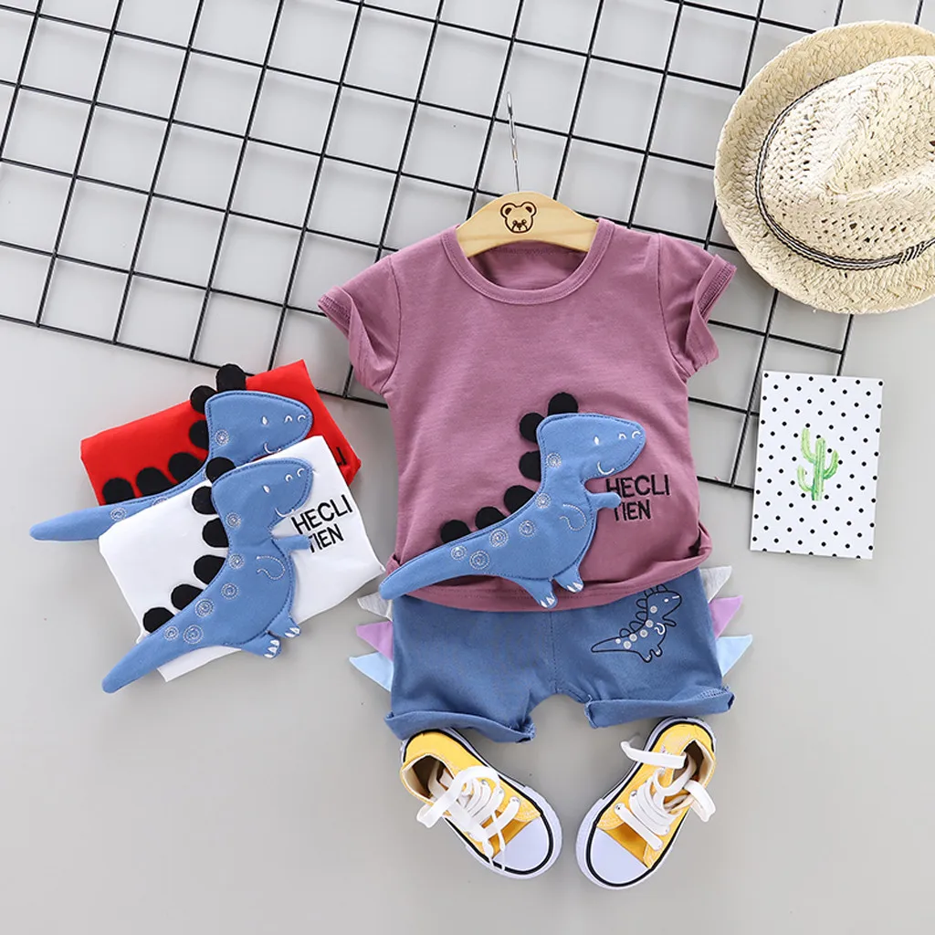 

Summer Cute Children Toddler Kid Baby Girl Clothes Cartoon Letter O-Neck Dinosaur Print T Shirt Tops Shorts Outfits Set 2019