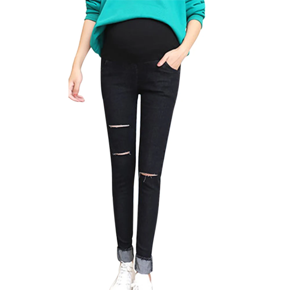 

Pregnant Women Jeans Elastic Waist Holes Denim Nursing Prop Belly Maternity Pants Casual Trouser @ZJF