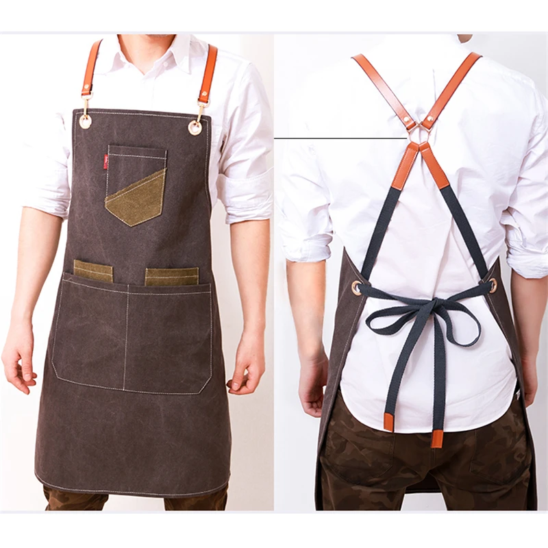 2019 Canvas Bibs Aprons for Women Leather BBQ Chef Home Kitchen Dress Barber Hairdres Cafe Cook Waiter Custom logo Pinafore Gift