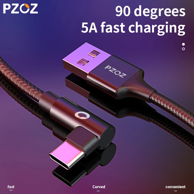 PZOZ 5A usb-c cable USB tipo C 90 Grado de carga rápida para Huawei P20 P10 amigo 20 Pro 10 nova 2 s cargador usb-c Tipo de datos-c cable