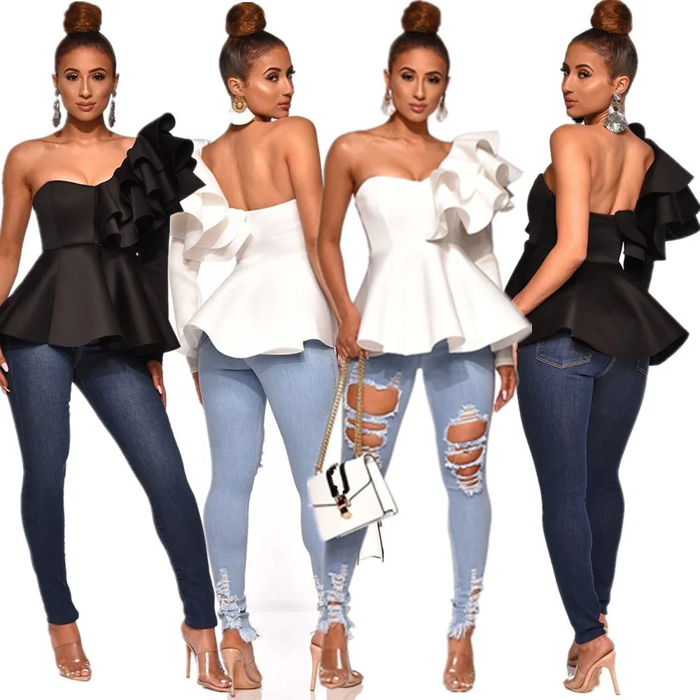 2019 النساء واحد الكتف زيبر يصل حزب قمم واحد كم طويل ابيض أسود مثير بلوزة مكتب سيدة الصلبة الكشكشة قمصان صيفية