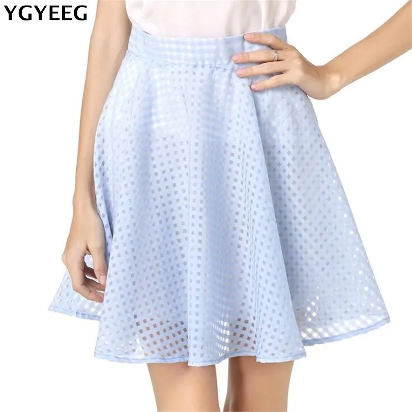 YGYEEG High Waist Chiffon Skirts Preppy Style Women Skirt White Plaid