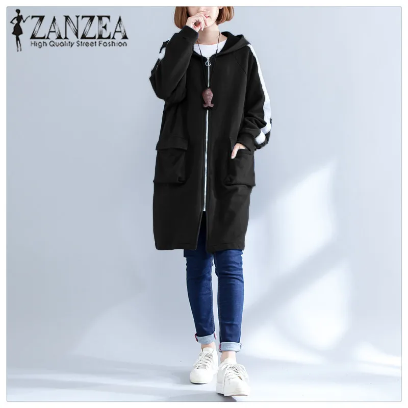 ZANZEA Women Autumn Zip Up Big Pockets Hooded Sweatshirt