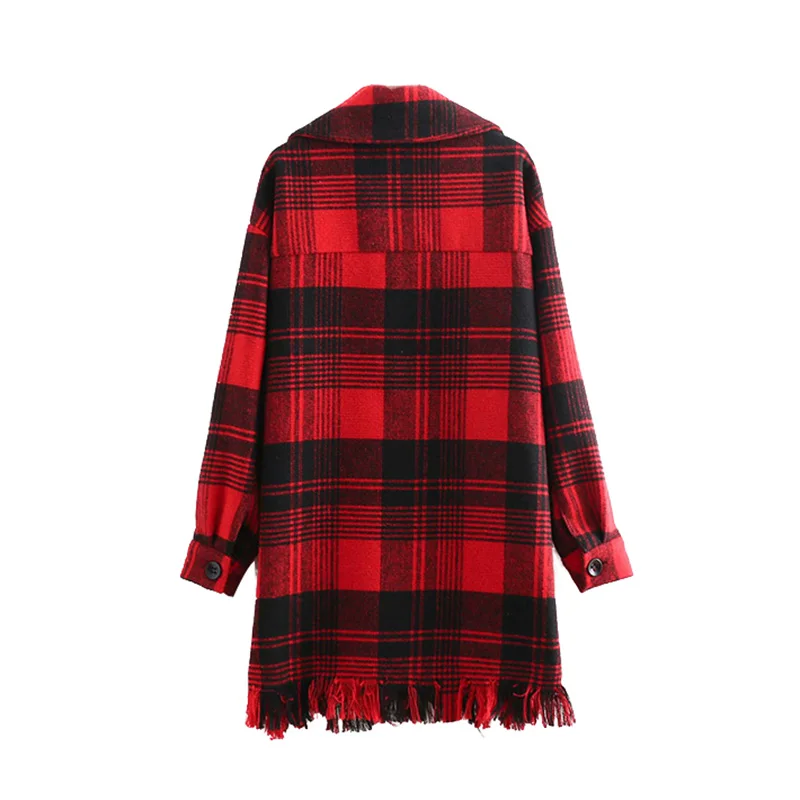 Wonder 2018 Новая осень Винтаж Plaid Fringe твид Overshirt пальто воротник с лацканами длинным
