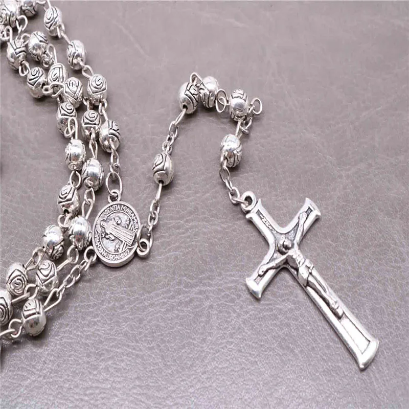 

6mm zinc alloy rose rosary cross necklace religious jewelry men and women Catholic cross rosary prayer necklace jewelry gift.2pc