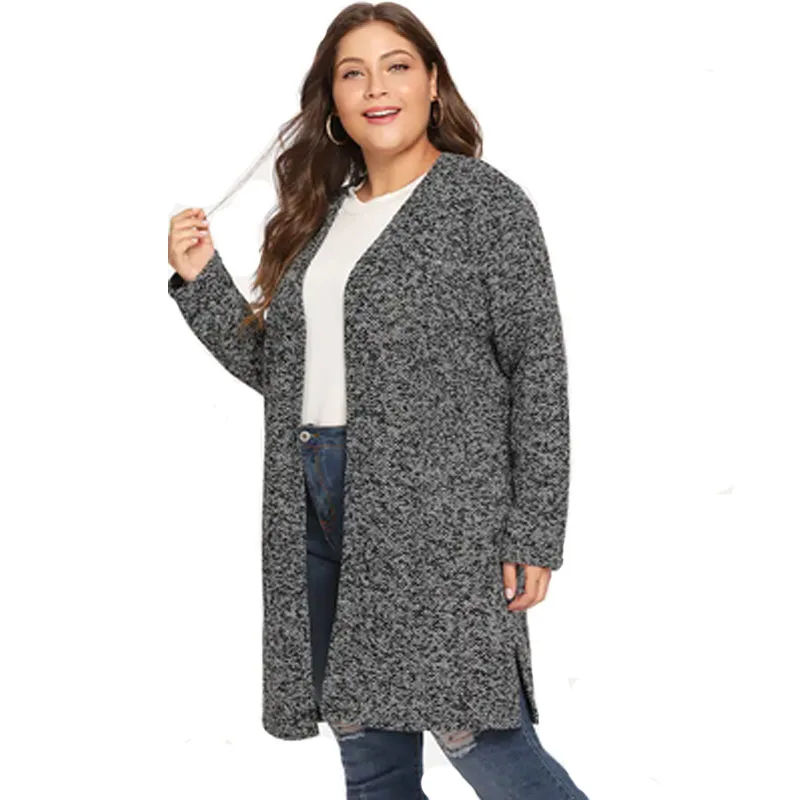 

2019 Spring Autumn European Style Women Loose Cardigan Woolen Long Sleeve Ladies Coats Wide-eaisted Gray Open Stich Plus Size