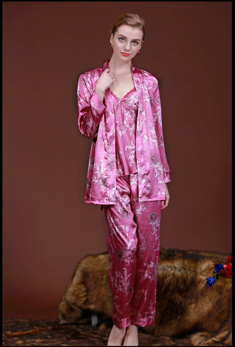 Комплект из 3 предметов, Женская весенне-осенняя Модная брендовая пижама с длинными рукавами, сексуальная пижама, шелковые пижамы, большие размеры, женская пижама