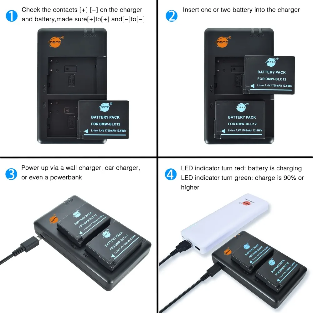 DSTE двойной слот зарядное устройство+ 2x DMW-BLC12/BP-DC12/BP-51 батарея для Panasonic DC-G90, DC-G95, DMC-GH2, MC-G7, DMC-FZ1000, DP1, DP2, DP3