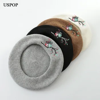 USPOP Fashion women wool berets cute bird embroidery beret casual female thick warm wool hat autumn winter hats uspop 2020 women berets plaid tweed beret hat female autumn winter wool hat