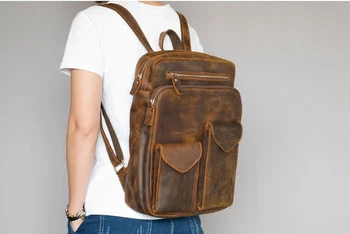 

Genuine Crazy Horse Oil leather Moto Biker backpack men vintage mochila backpack travel bag school mochila hombre moda